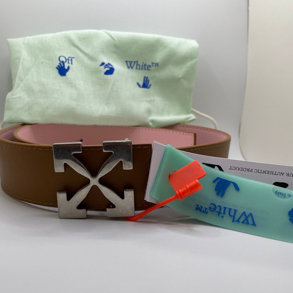 Off-White Brown Leather Belt with Pink Lining and Silver Arrow Buckle